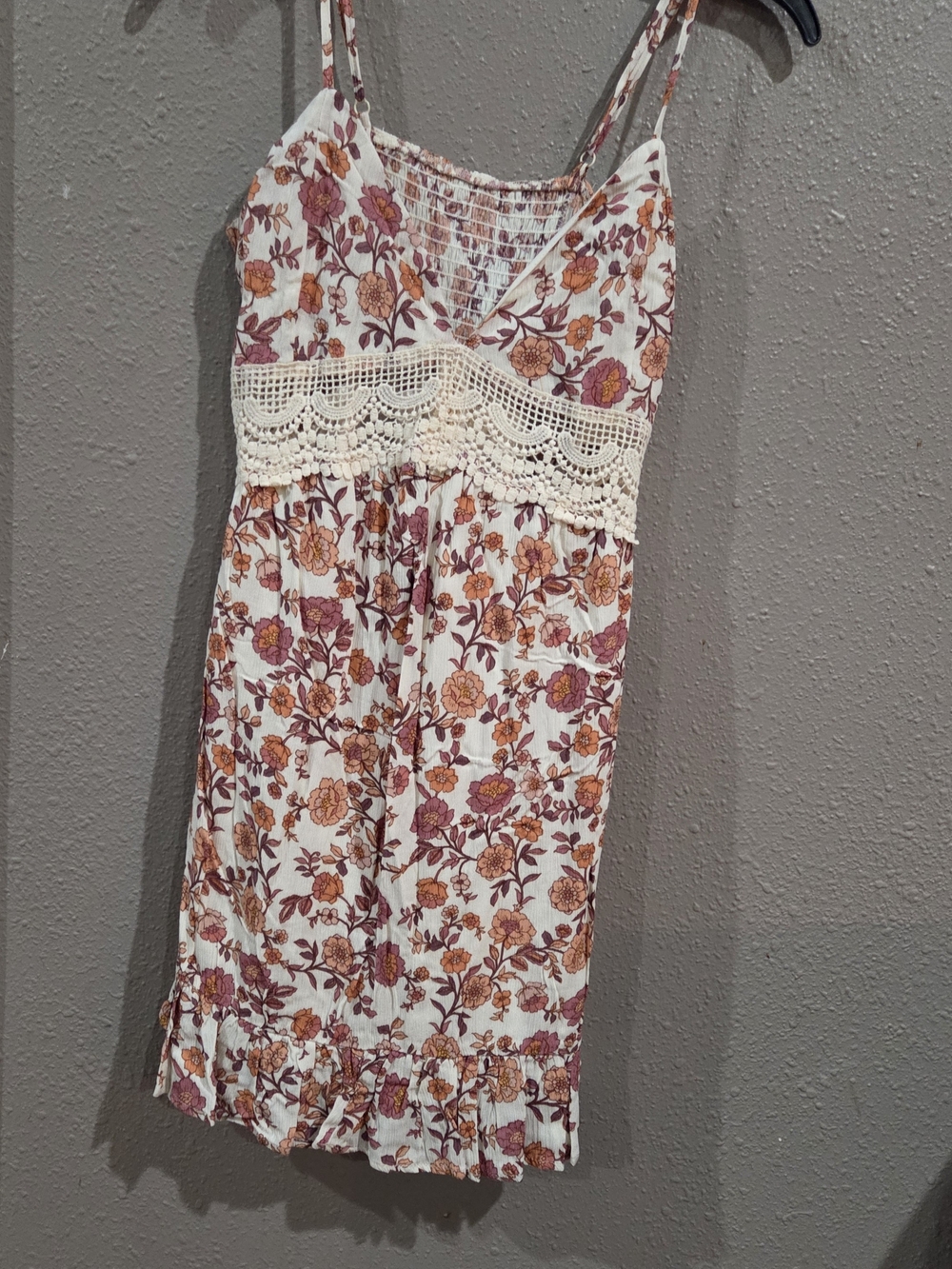 Floral Lace-Trim Spaghetti Strap Dress - White with Pink & Orange Flowers